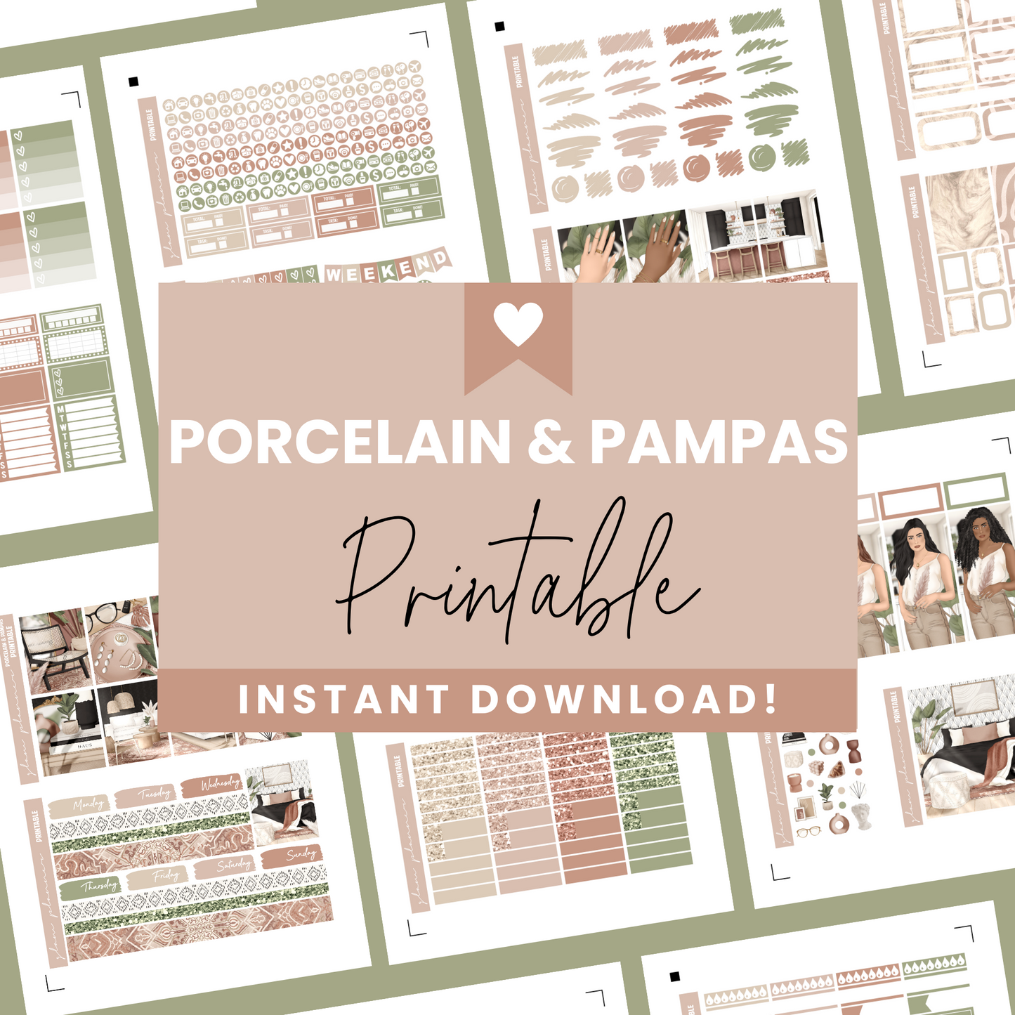 Porcelain & Pampas Premium Printable Sticker Kit